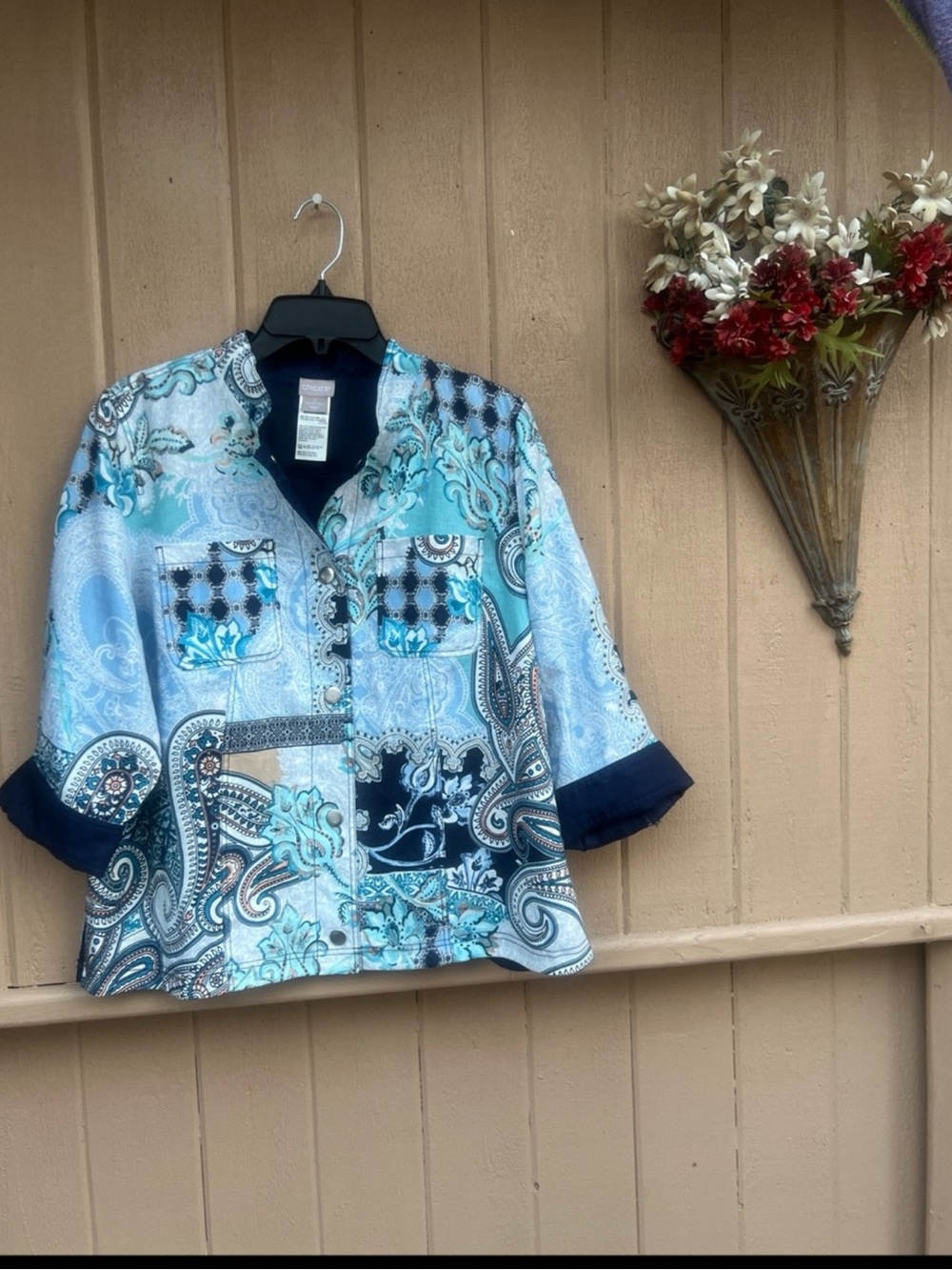 Chicos 100% Linen Patchwork Mixed Paisley Print Jacket Size 2, L/XL Artsy Boho - Picture 2 of 11